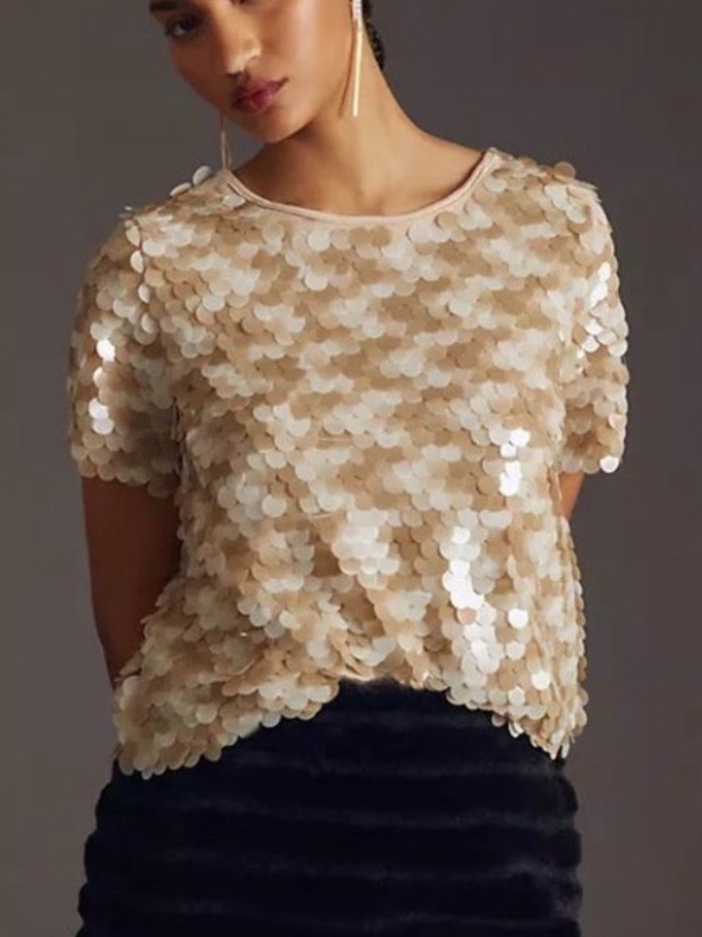 Anthropologie Eva Franco Sequined Short Sleeve Top in Champagne